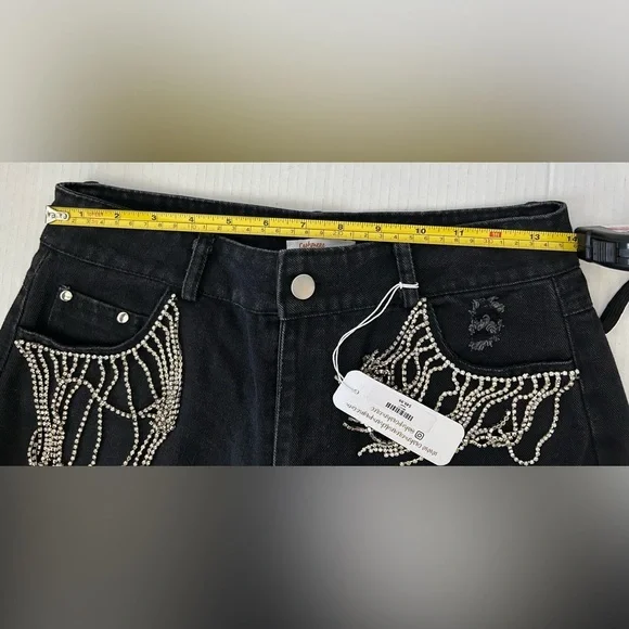NWT CASHMERE & CHAMPAGNE DIAMOND TASSELS RIPPED DENIM SHORTS Sz. S - Picture 13 of 14
